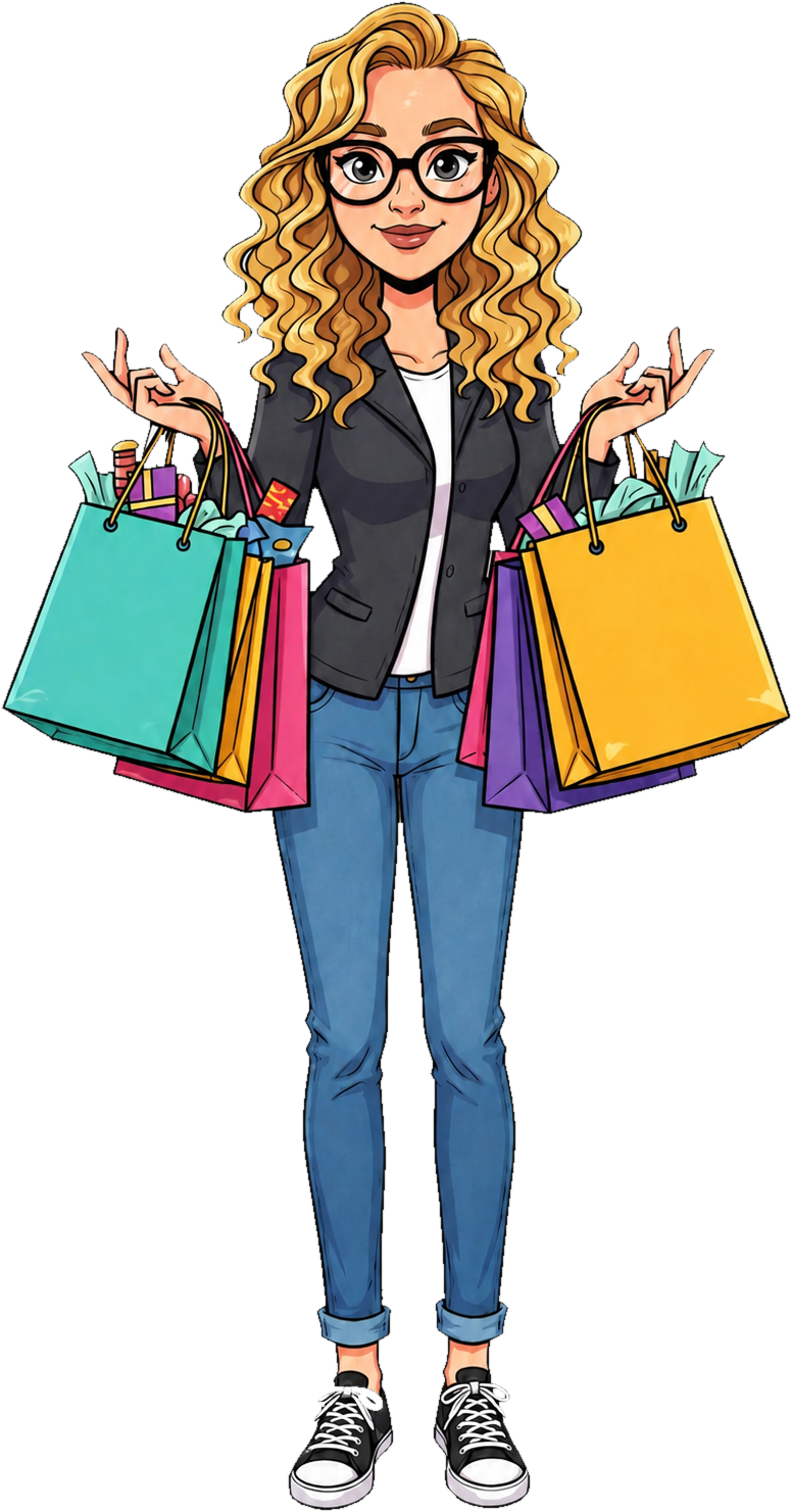 Kate com sacolas de compras